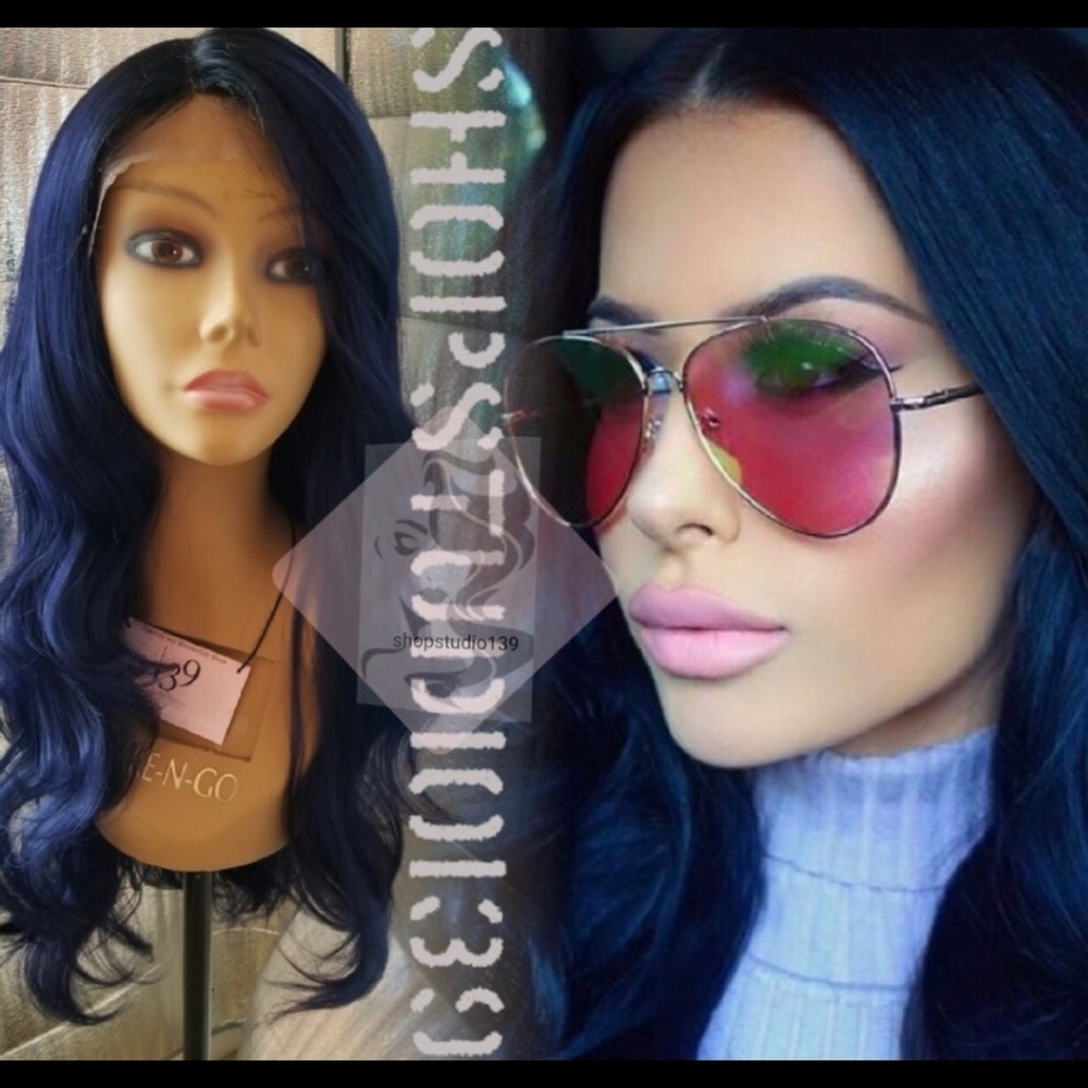 Deep blue wig human hair blend